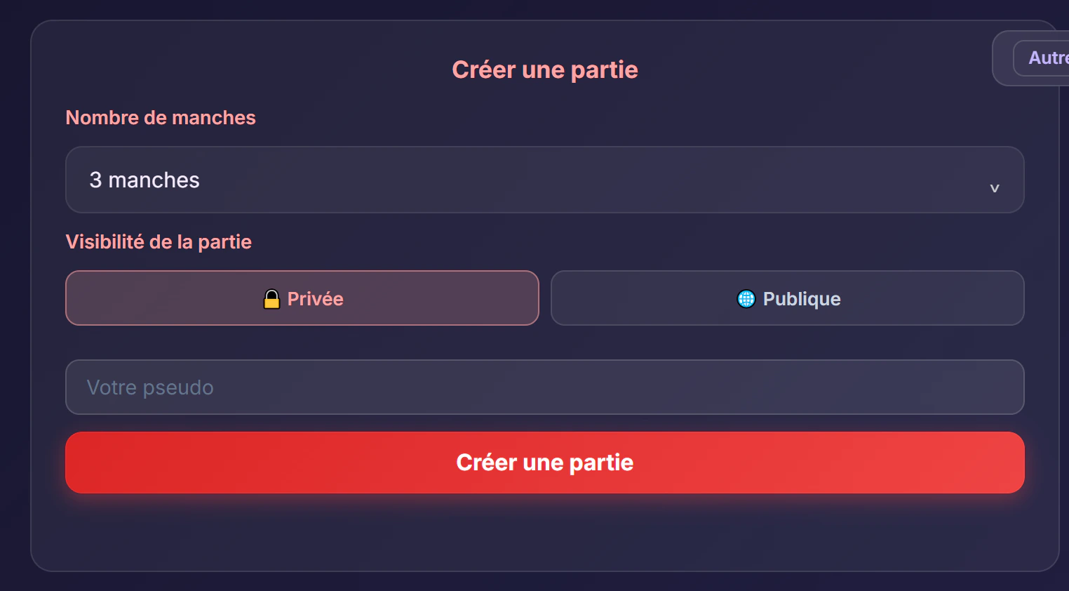Formulaire de création d'une partie multijoueur Solitaire : choix du nombre de manches, visibilité privée ou publique, pseudo et bouton pour créer la partie