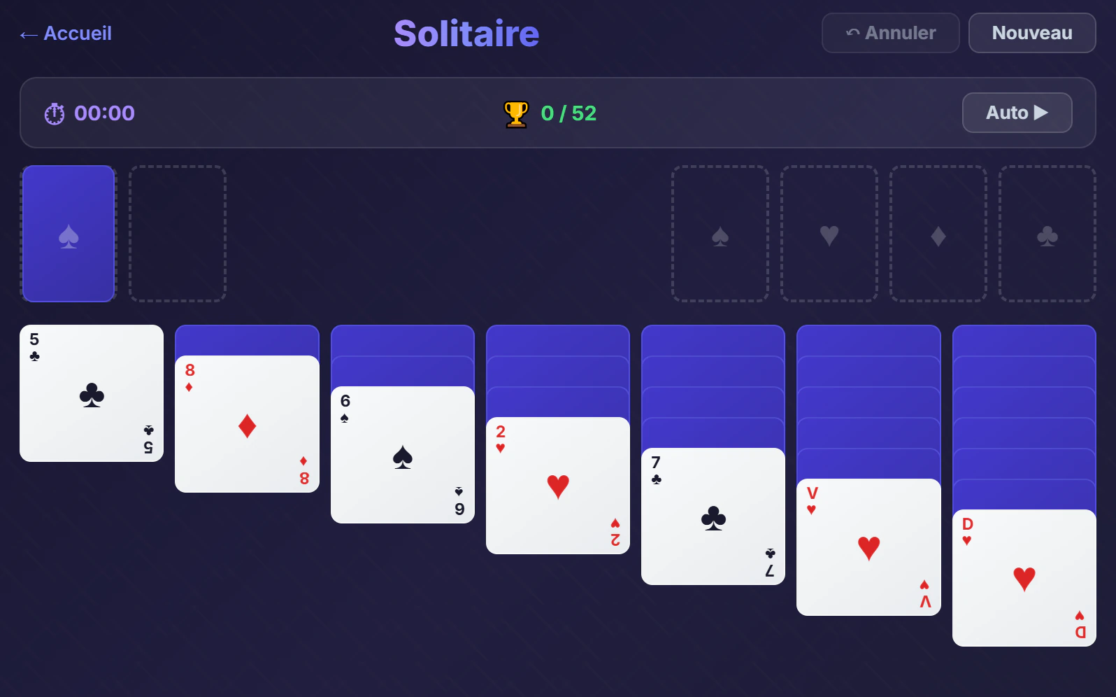 Notre version du Solitaire Klondike en ligne dans le navigateur : tableau, fondations, pioche et boutons Annuler / Nouveau / Auto, accessible sans installation sur tout système d'exploitation